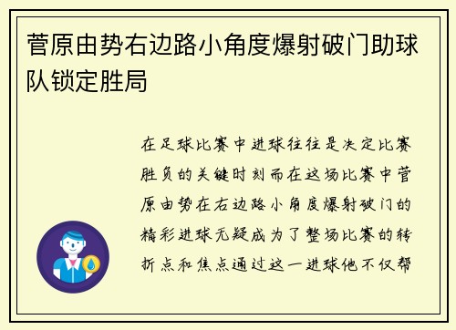 菅原由势右边路小角度爆射破门助球队锁定胜局 菅原由势右边路小角度爆射破门助球队锁定胜局