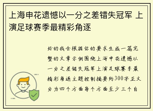 上海申花遗憾以一分之差错失冠军 上演足球赛季最精彩角逐